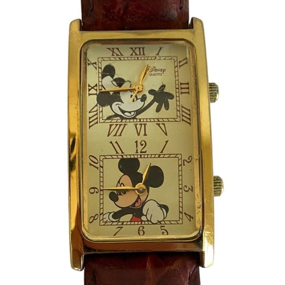 Disney Time Works Mickey Mouse Dual Time Curvexc Gold Tone Mens Watch 23.5mm